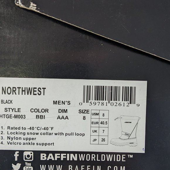 Baffin Northwest Insulated Snow Boots, Black, Men's 8 M - Picture 6 of 6